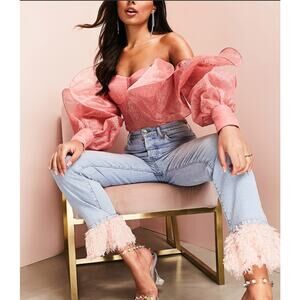 NEW ASOS LUXE lace bodysuit with wire bardot in blush ~